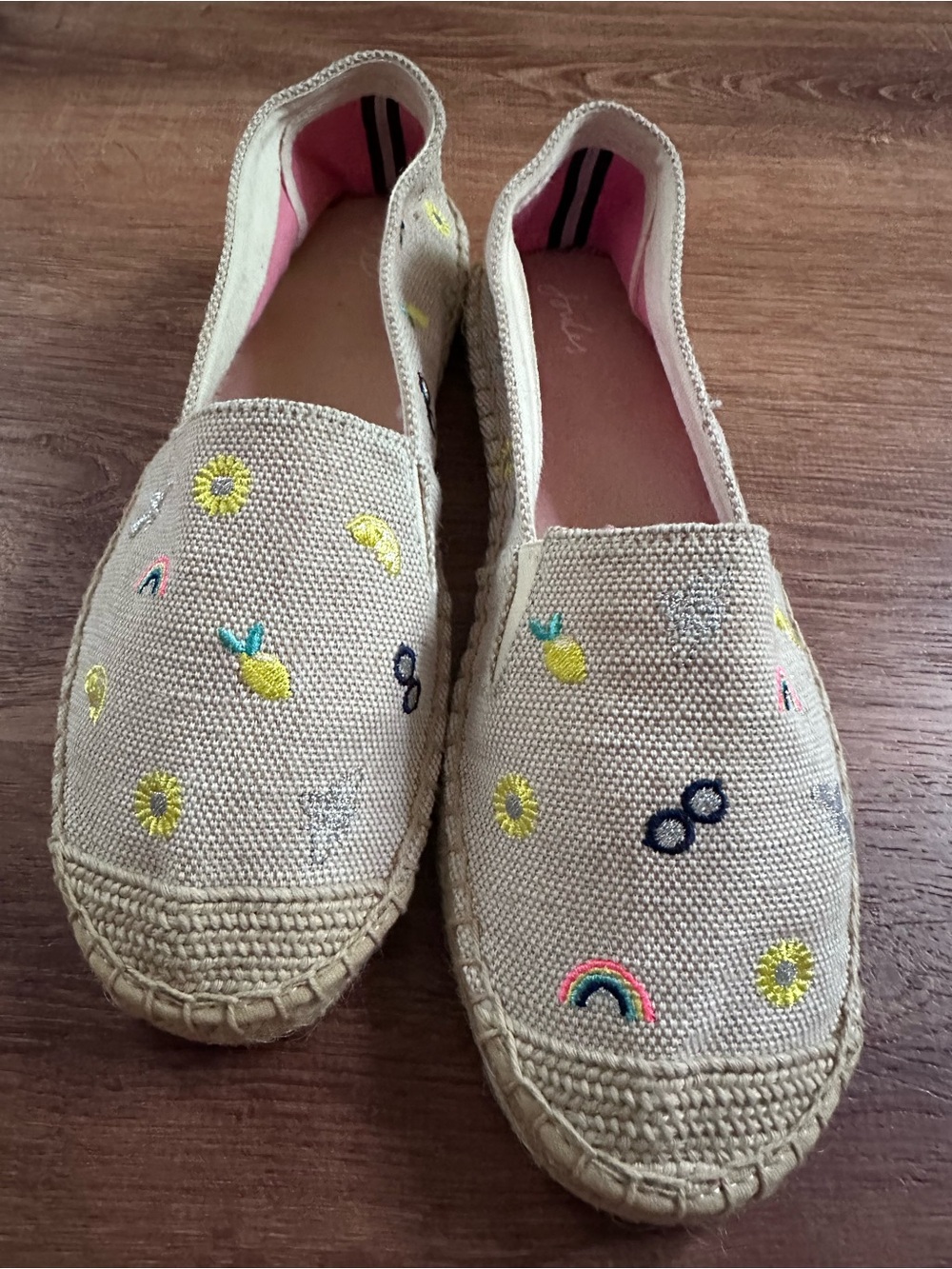 Joules Beige Canvas Espadrilles - Colorful Embroidered Suns, Rainbows, Flowers